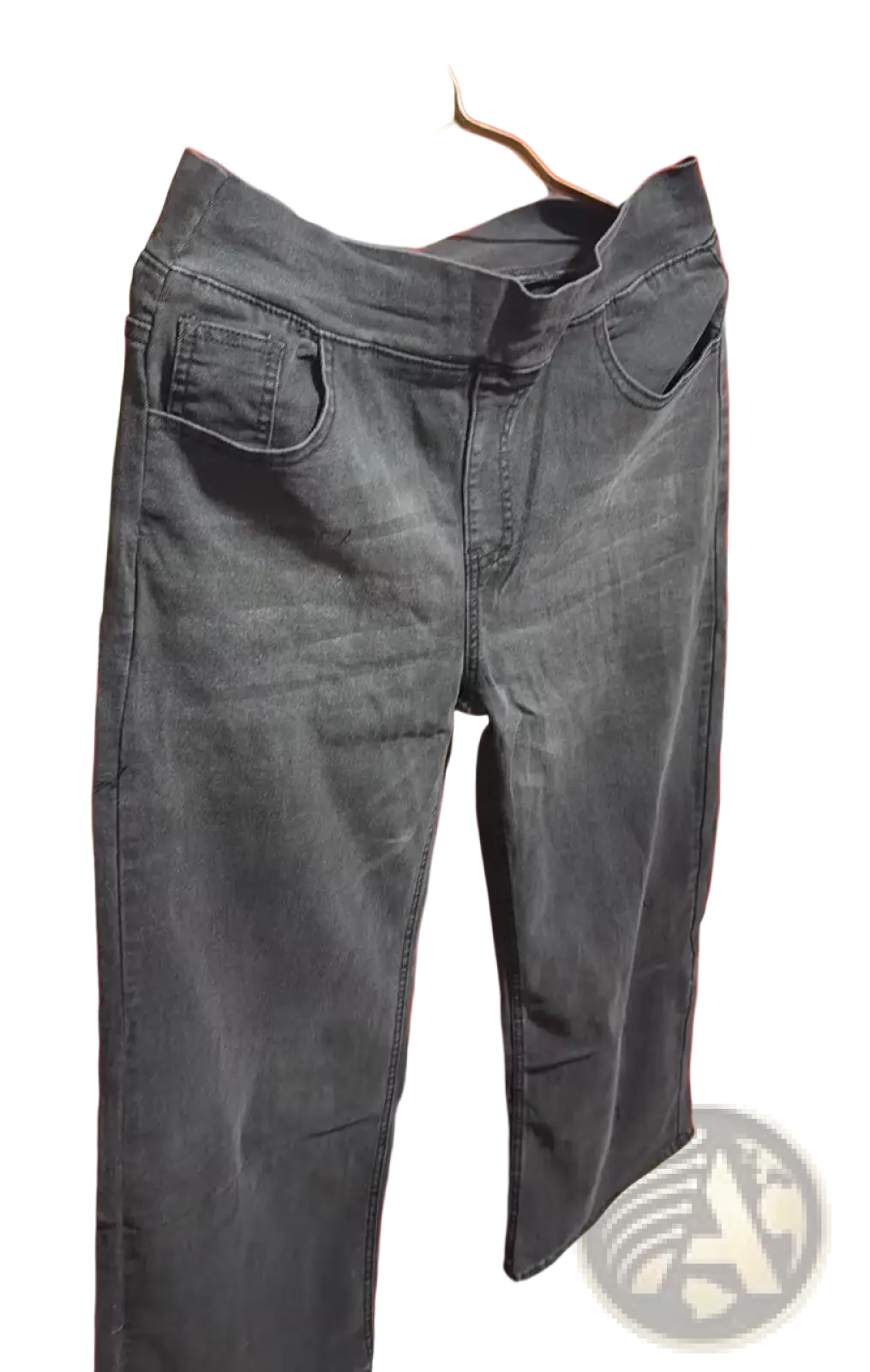Dark gray denim jeans with a straight-leg cut high waisted featuring a classic five-pocket design