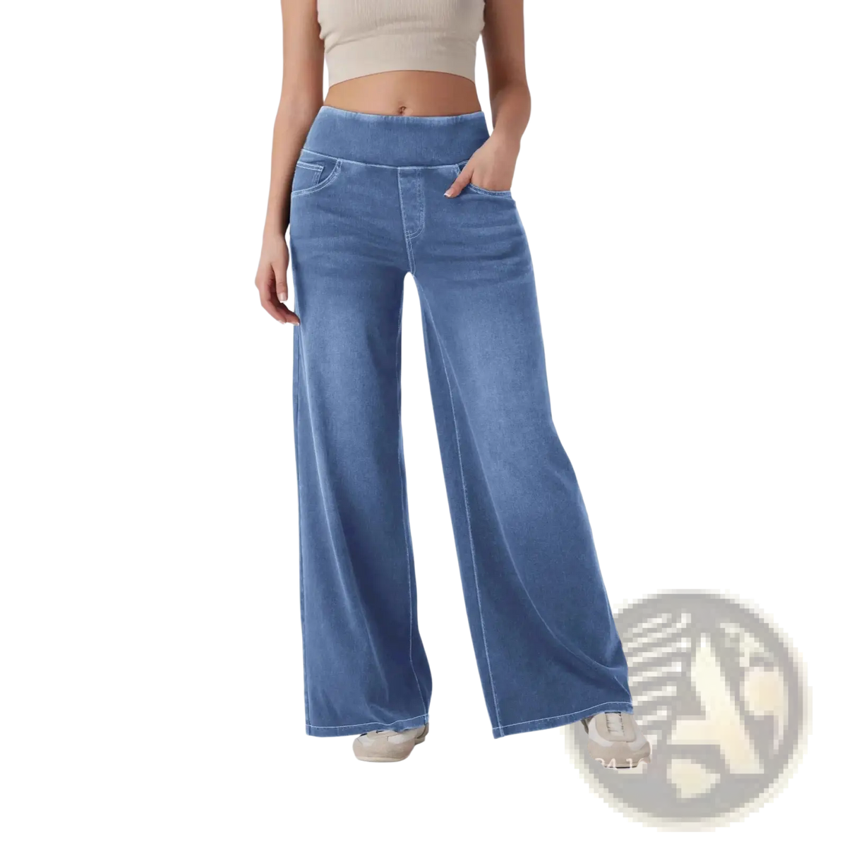 Blue wide leg denim jeans with high waist and front pockets made from durable denim fabric