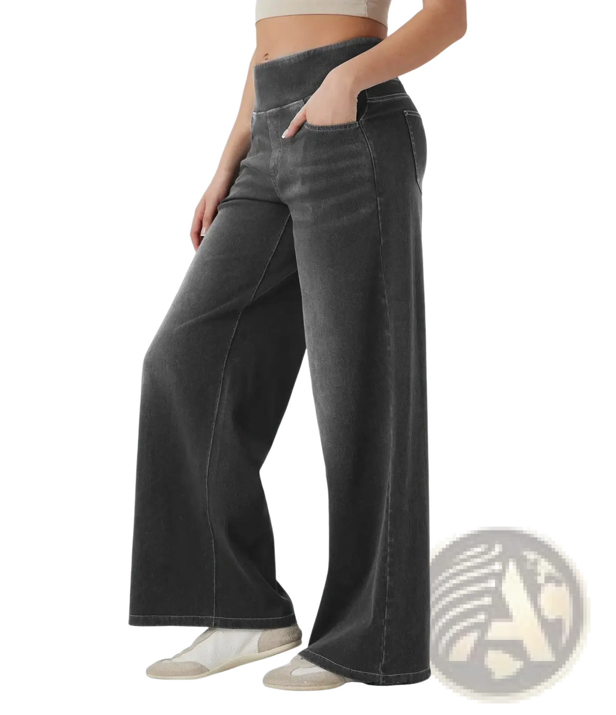Dark gray high waisted wide leg denim jeans with subtle fading in a durable cotton material