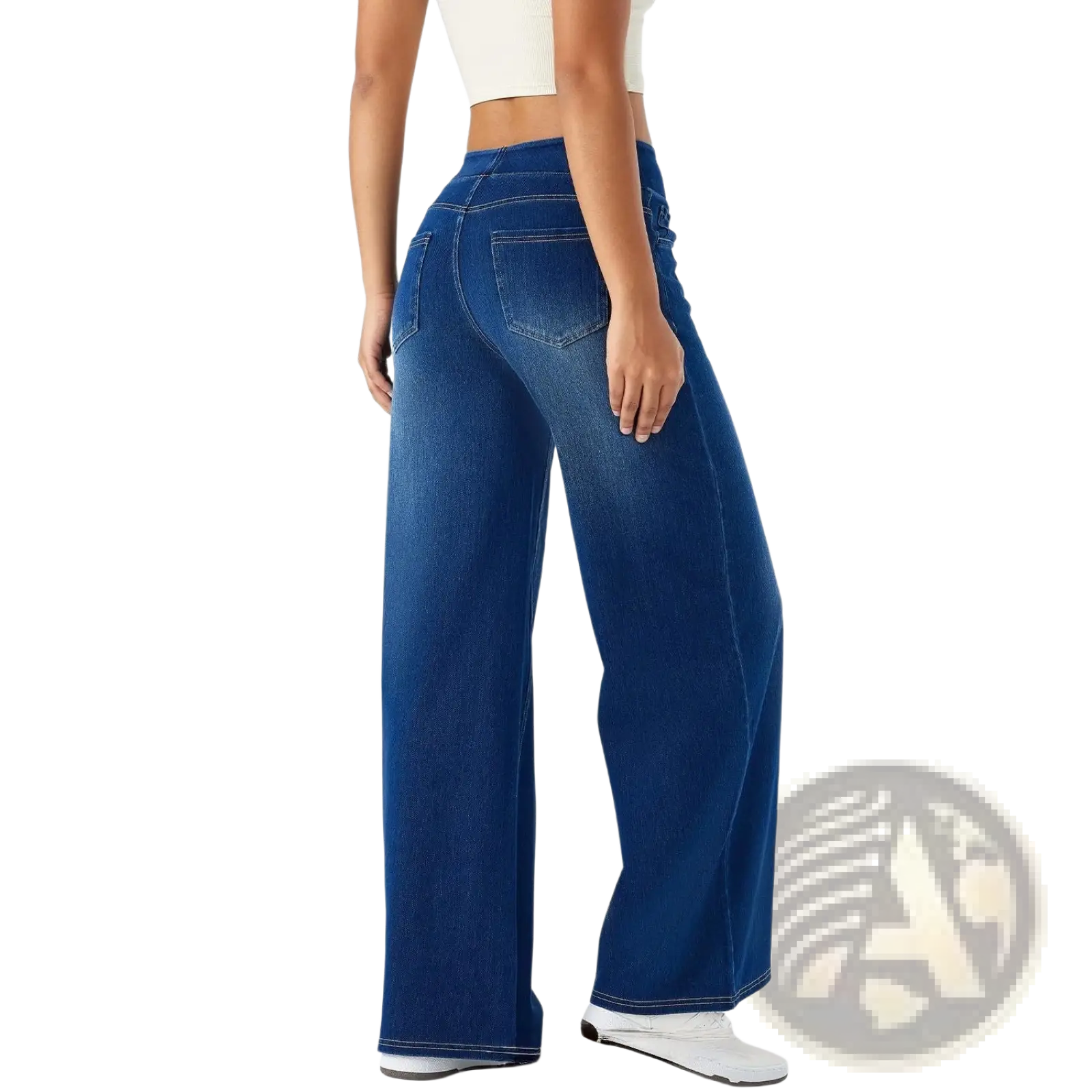 Blue wide leg denim jeans with high waist and classic back pockets shown from the back side