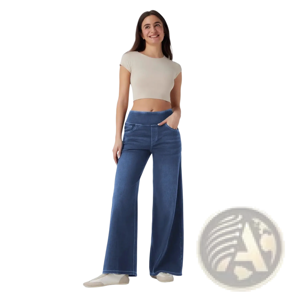 Blue wide leg denim jeans with high waist and elasticized band made of durable denim fabric