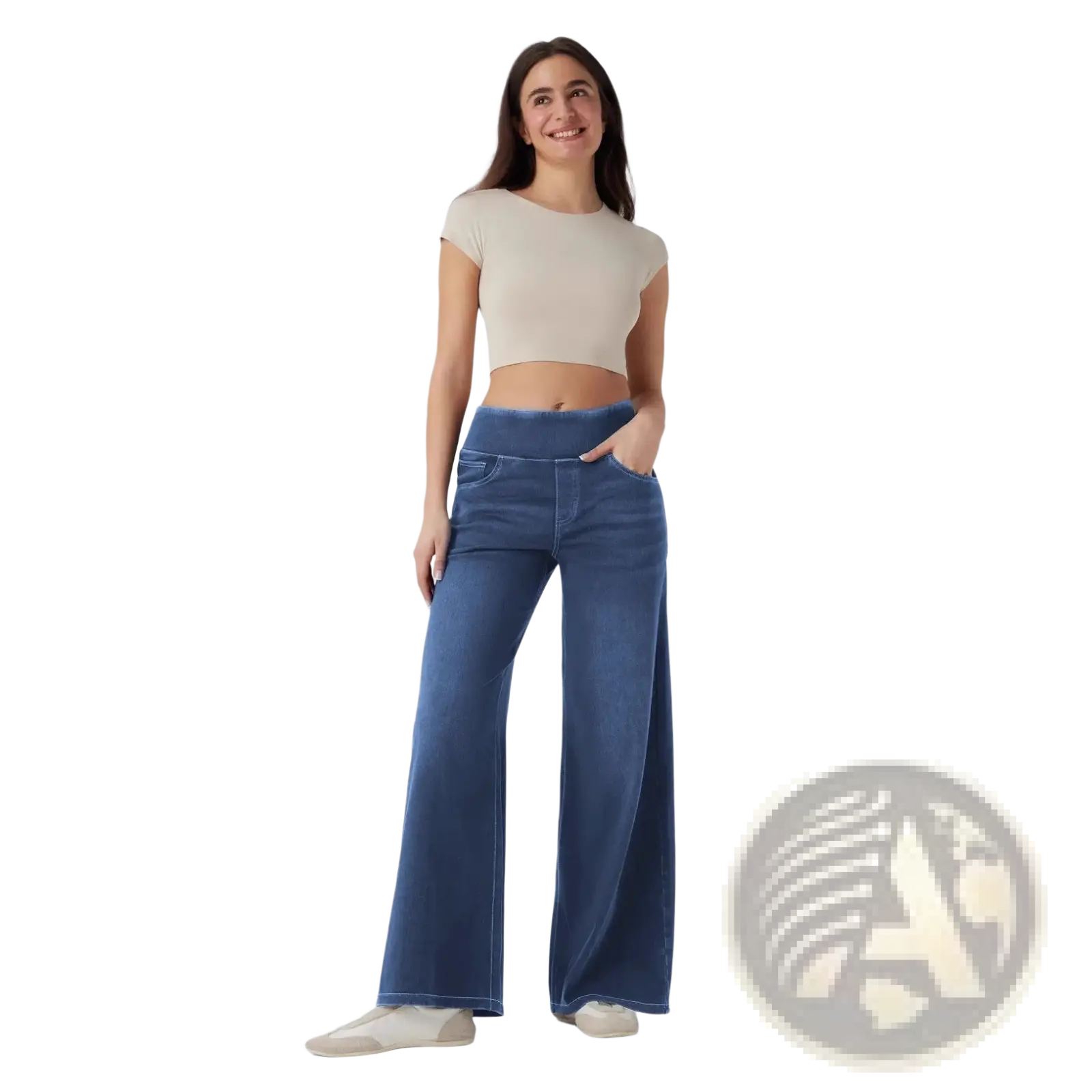 Blue wide leg denim jeans with high waist and elasticized band made of durable denim fabric