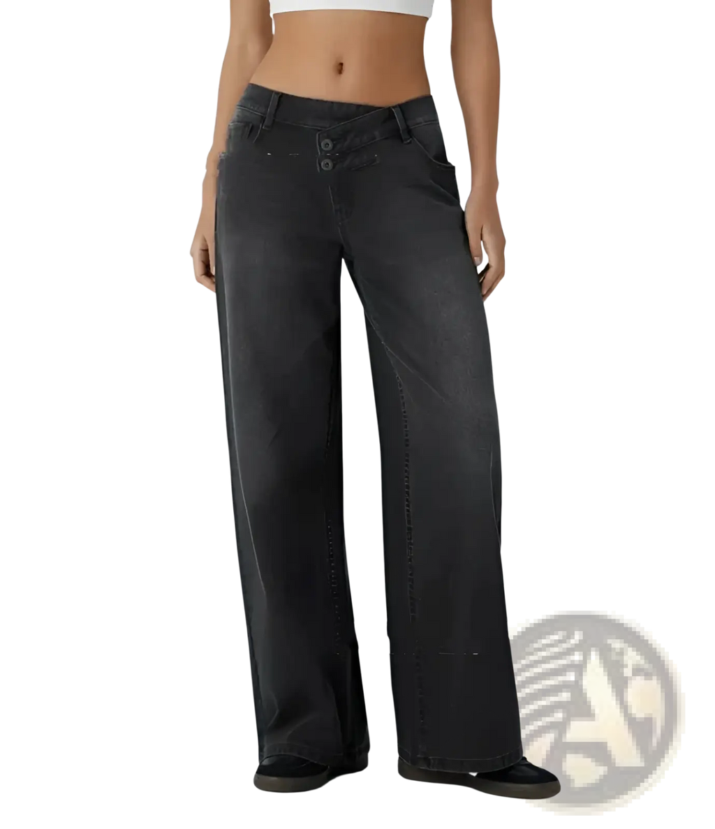 Black wide leg denim jeans with high rise waist and button closure made of sturdy denim fabric