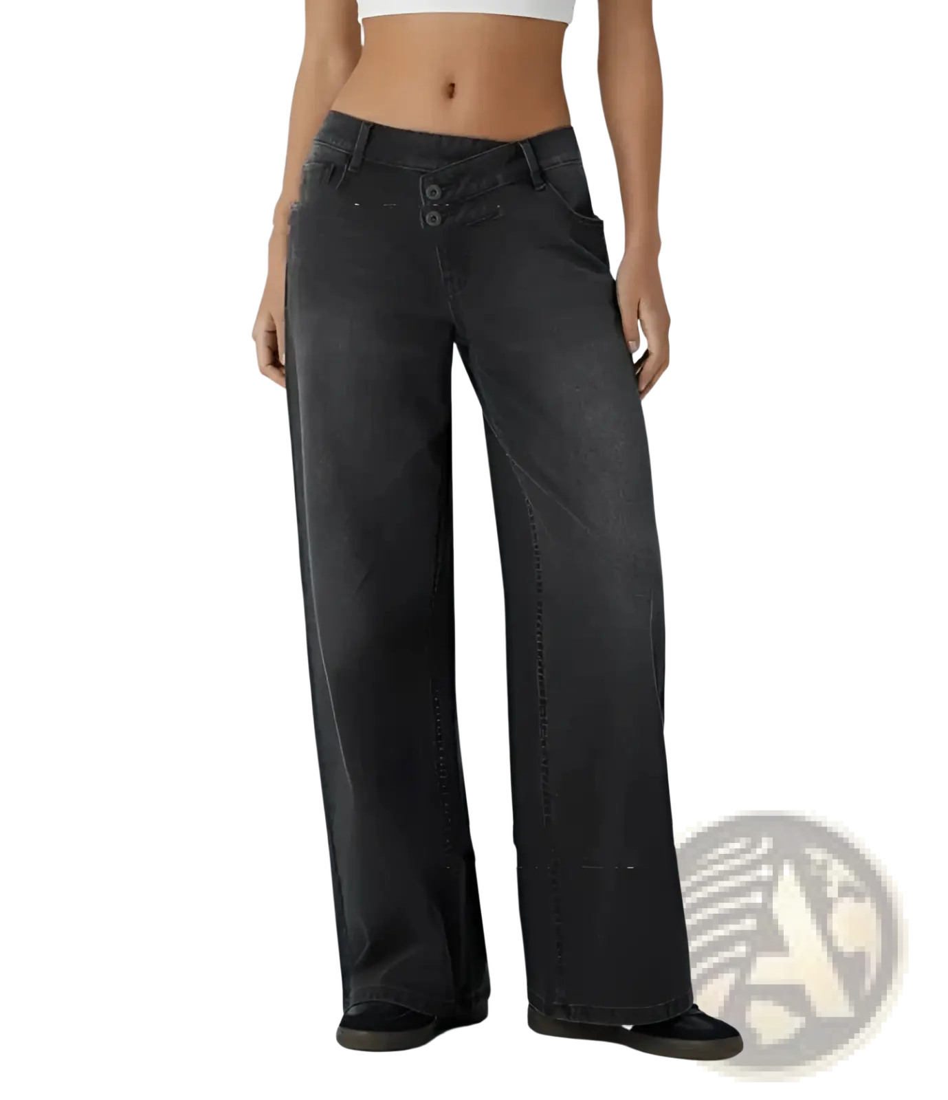 Black wide leg denim jeans with high rise waist and button closure made of sturdy denim fabric