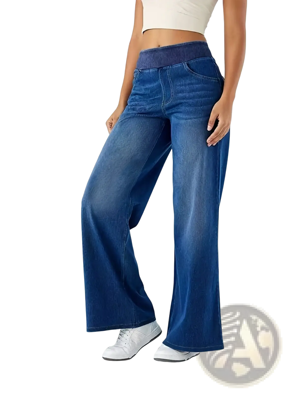 Blue denim flare pants with a contrasting dark blue elastic waistband high waisted wide leg jeans