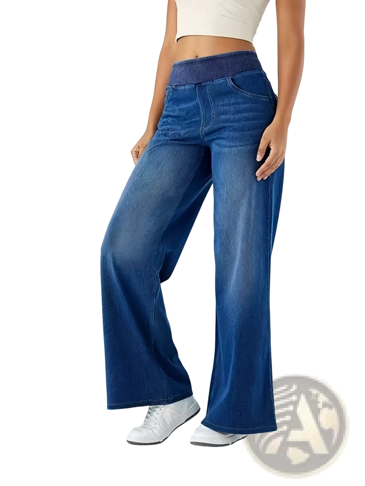 Blue denim flare pants with a contrasting dark blue elastic waistband high waisted wide leg jeans