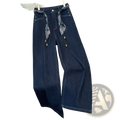 Wide leg dark blue denim jeans with high waist and patterned bandana belt with wooden bead accents