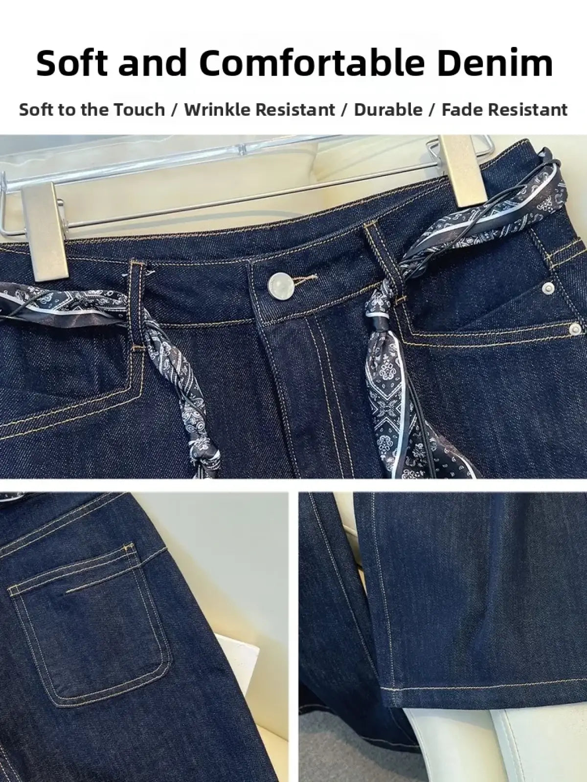 Wide leg dark blue denim jeans with a black and white patterned fabric scarf belt tied at the waist