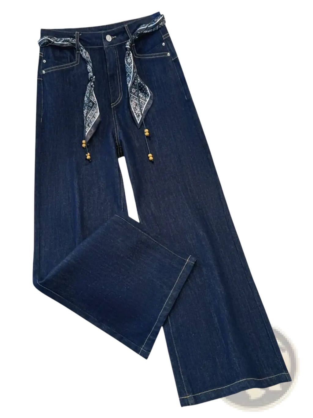 Wide leg dark blue denim jeans with a patterned bandana scarf belt and wooden bead accents on belt loops