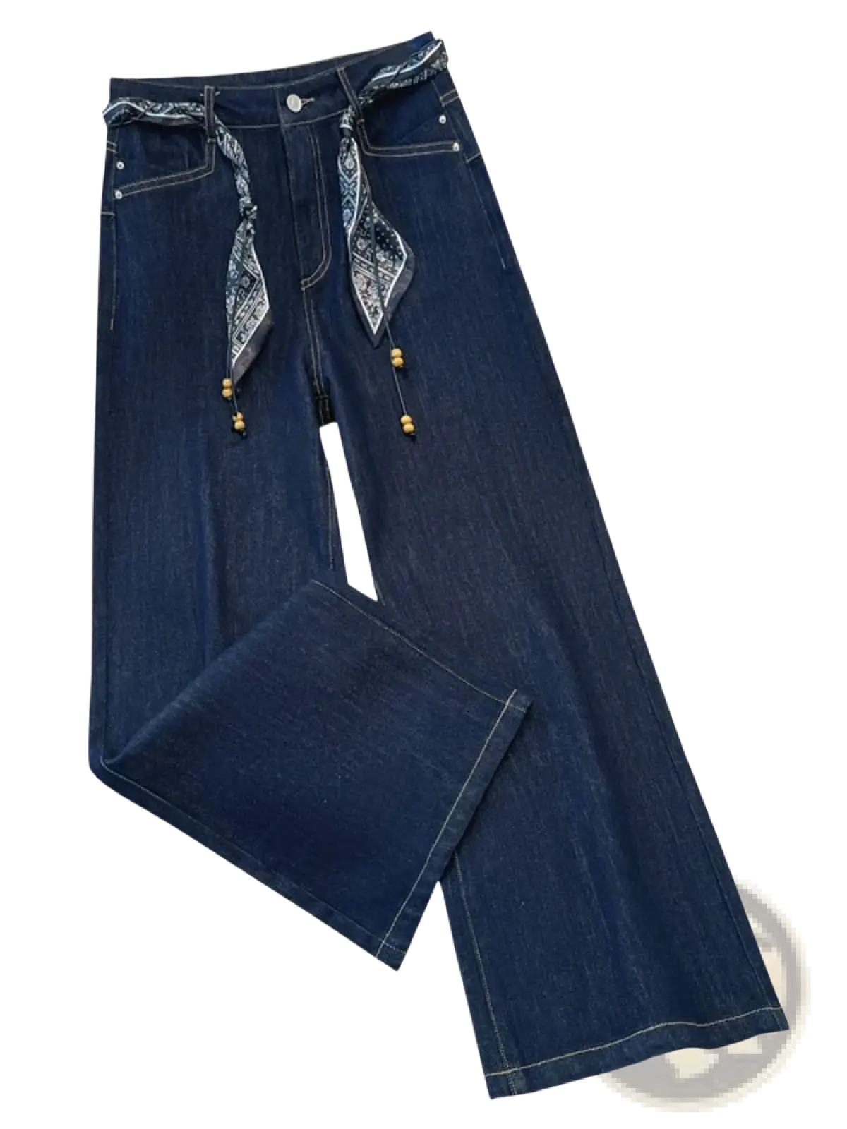 Wide leg dark blue denim jeans with a patterned bandana scarf belt and wooden bead accents on belt loops