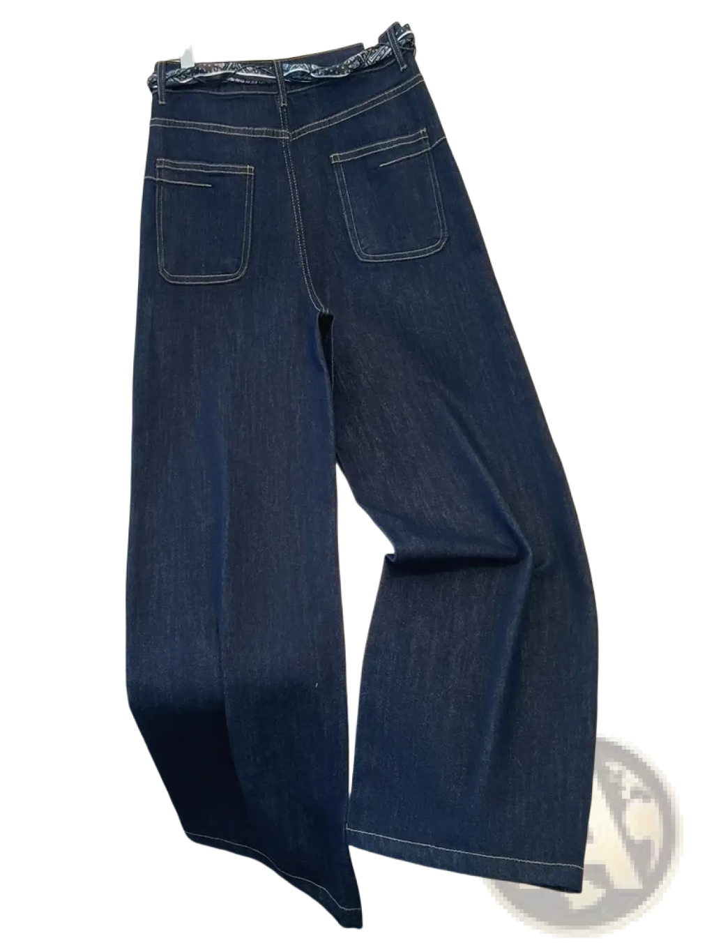Wide leg denim jeans in dark indigo with wide-leg cut and contrasting white stitching with scarf belt detail