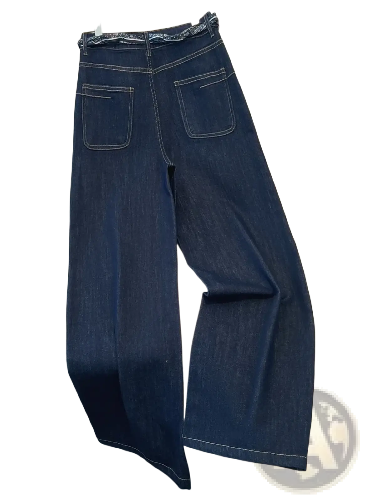 Wide leg denim jeans in dark indigo with wide-leg cut and contrasting white stitching with scarf belt detail