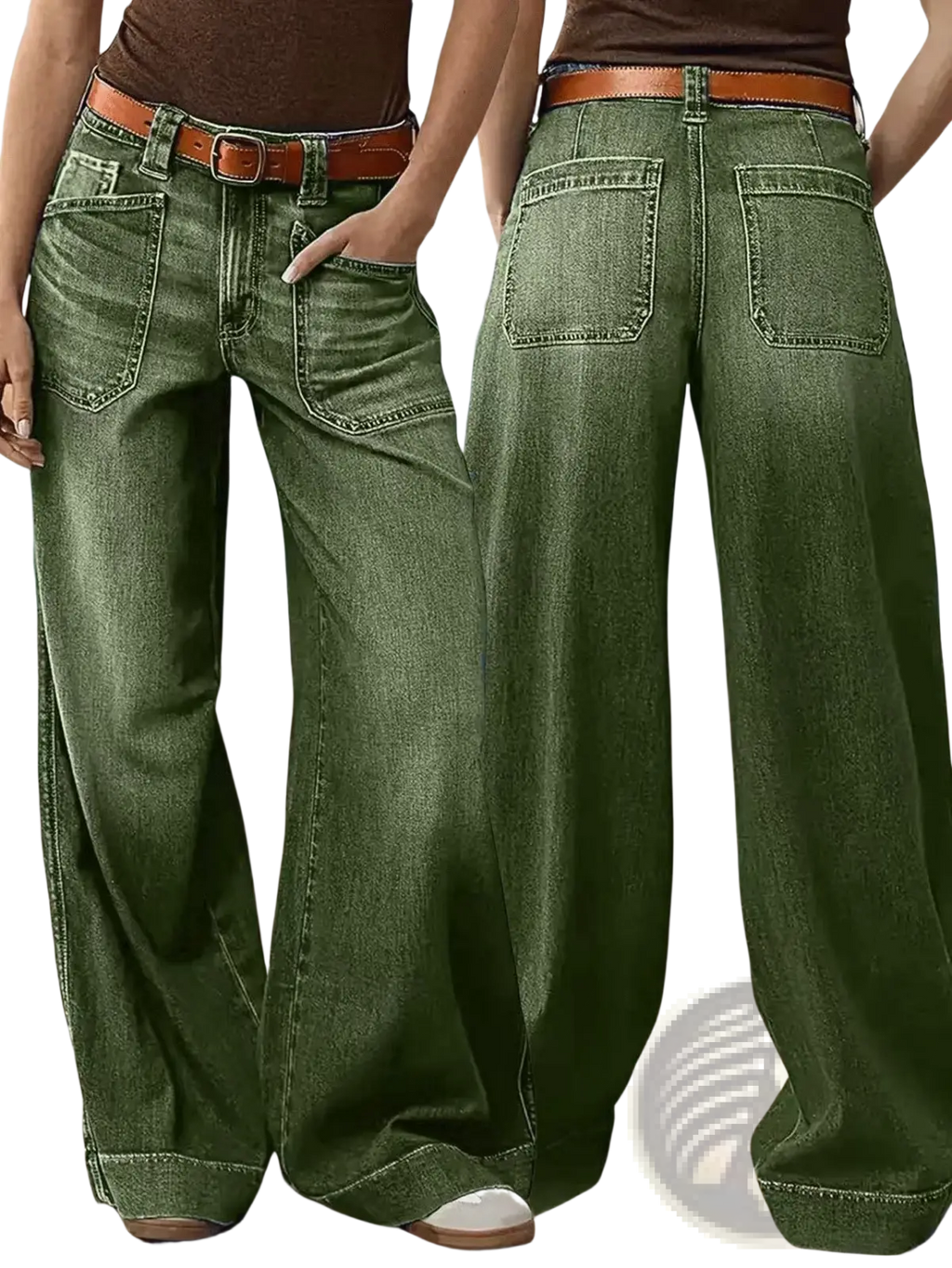 Olive green wide leg denim pants made of denim material featuring a brown leather belt suitable for casual wear