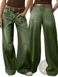 Olive green wide leg denim pants made of denim material featuring a brown leather belt suitable for casual wear