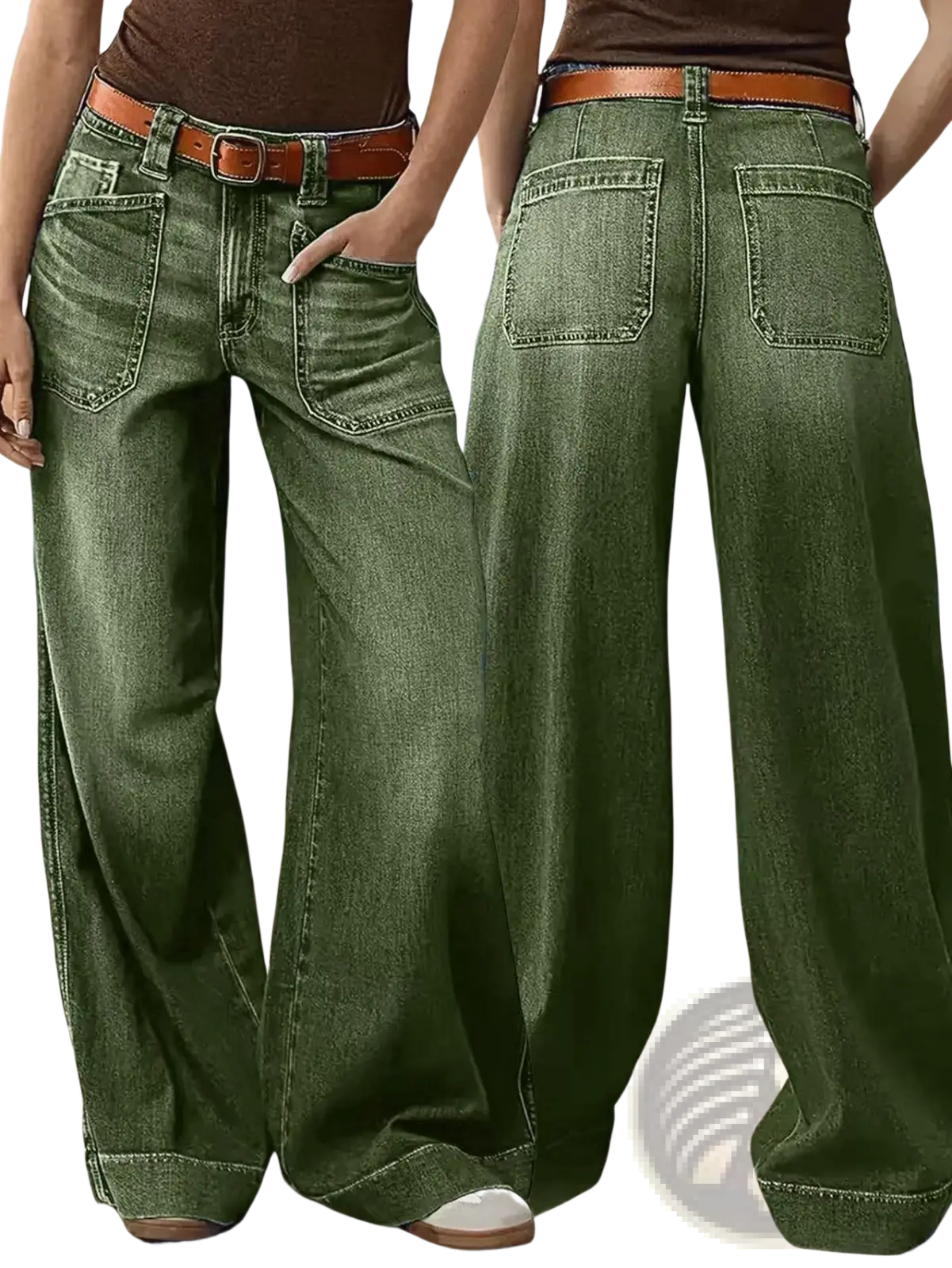 Olive green wide leg denim pants made of denim material featuring a brown leather belt suitable for casual wear
