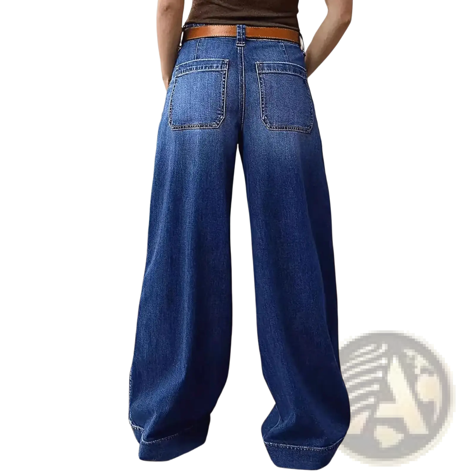 Wide leg denim pants in blue with a brown leather belt showcasing a stylish casual design