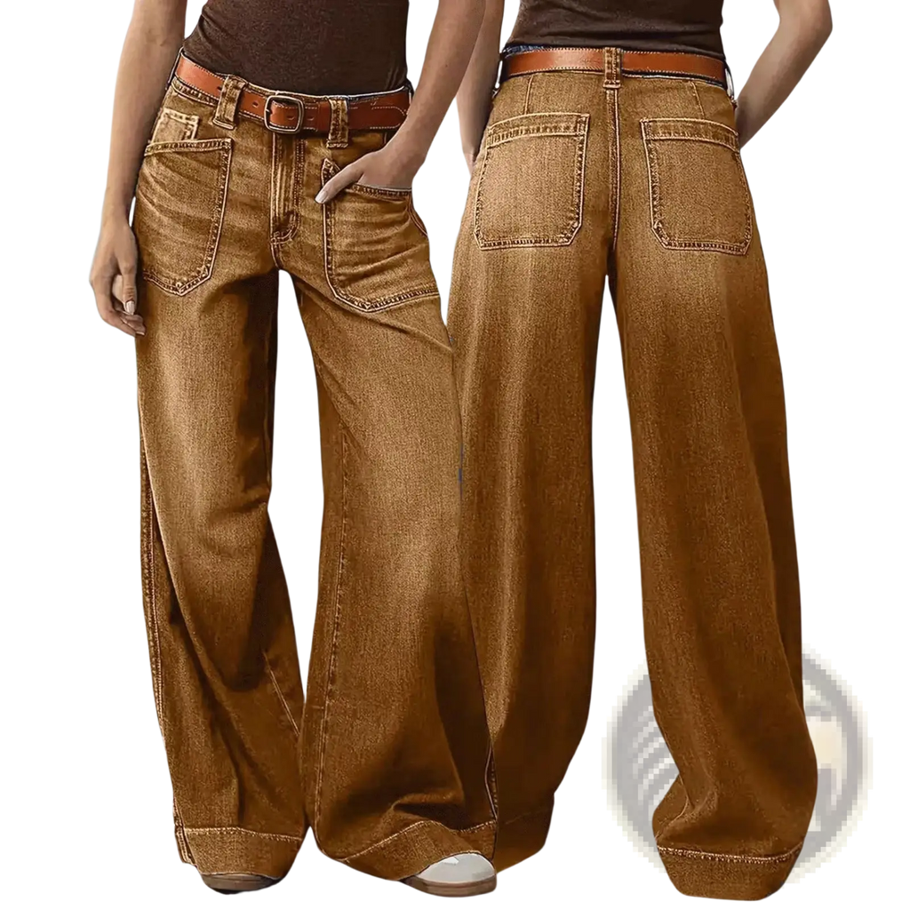 Wide leg brown denim pants with classic five-pocket design and matching leather belt for casual style