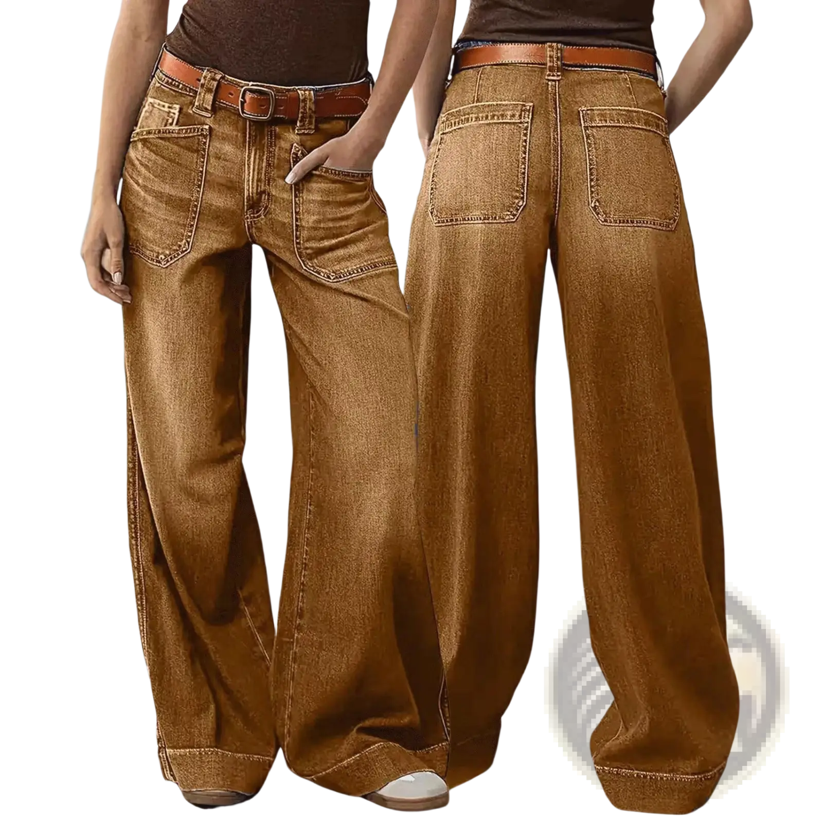 Wide leg brown denim pants with classic five-pocket design and matching leather belt for casual style