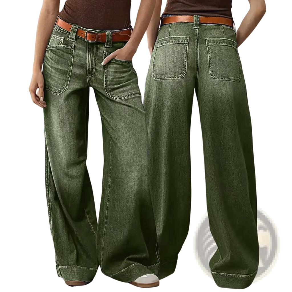 Wide leg denim pants in olive green with a brown leather belt showcasing the front view