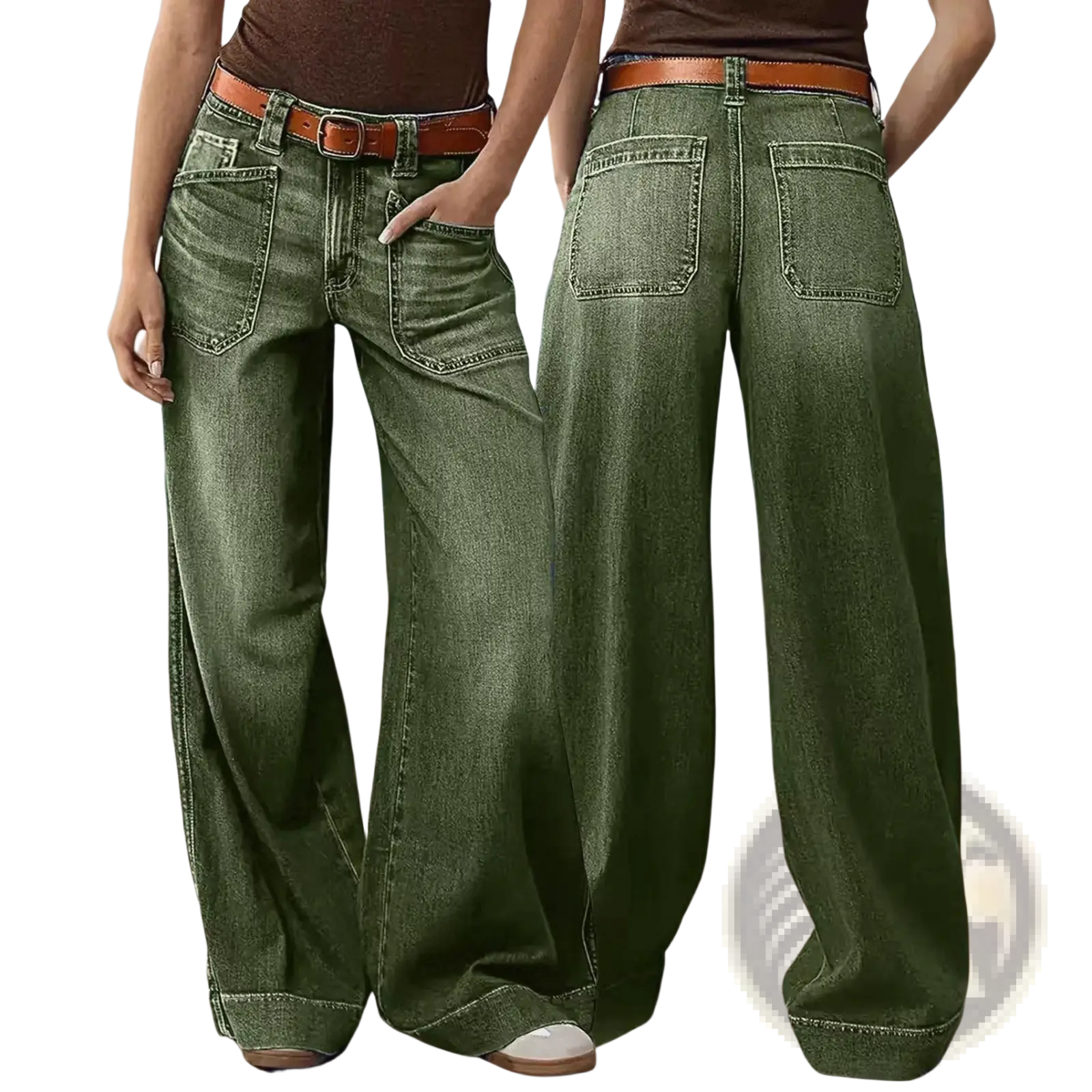 Wide leg denim pants in olive green with a brown leather belt showcasing the front view