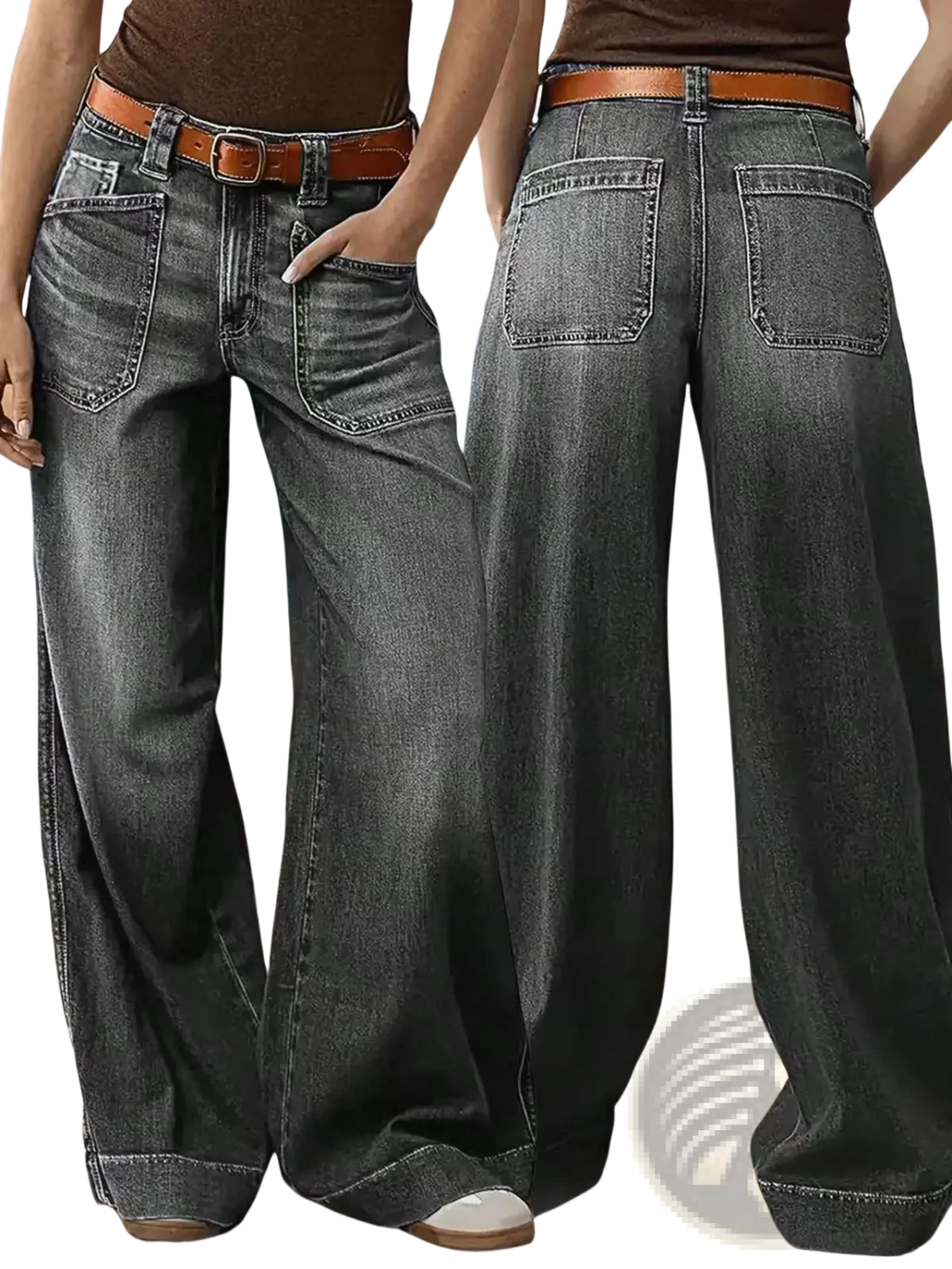 Dark gray wide leg denim pants with a brown leather belt showcasing a stylish casual fit