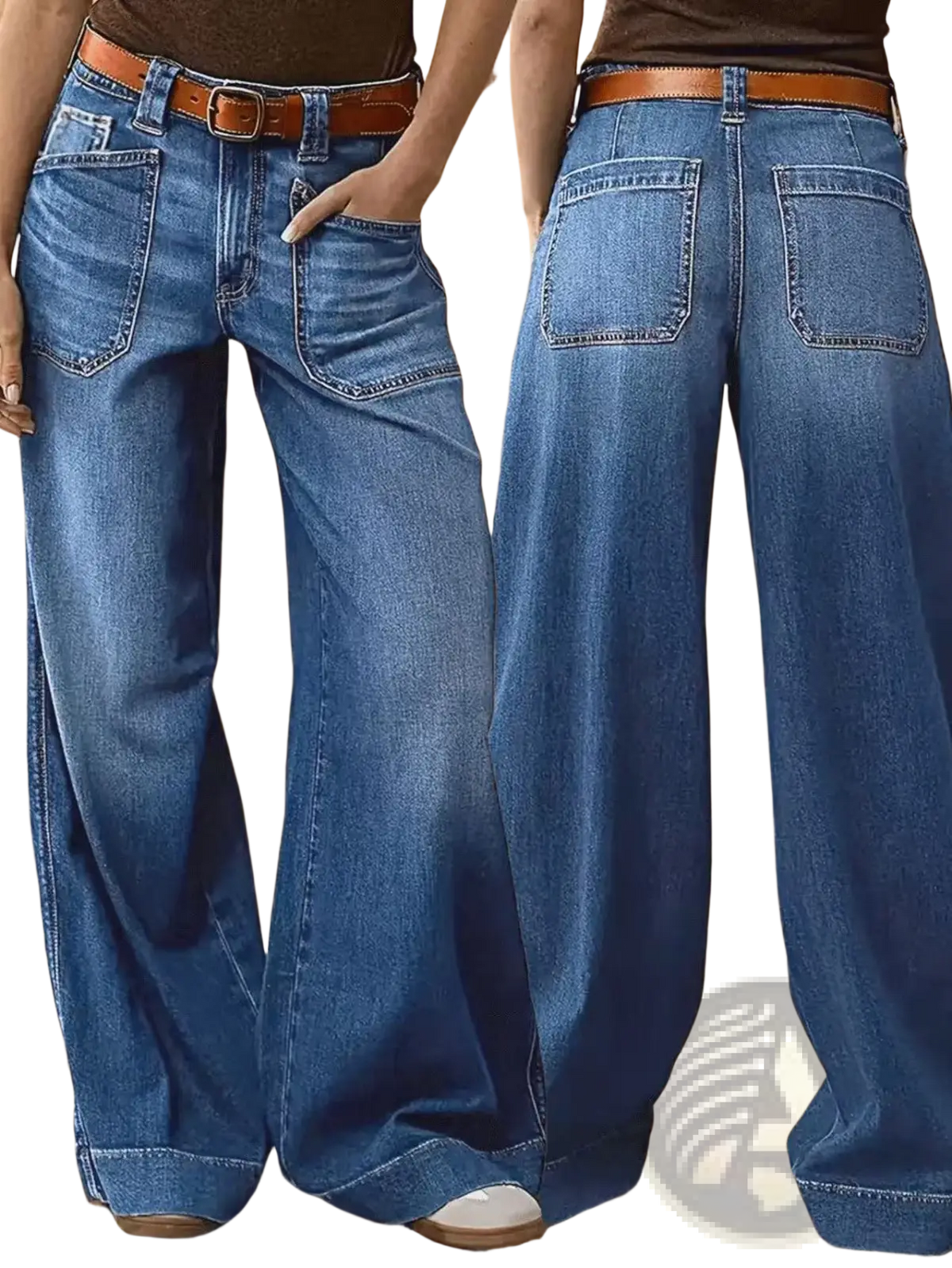 Wide leg denim pants in blue with a brown leather belt made of durable denim fabric for casual wear