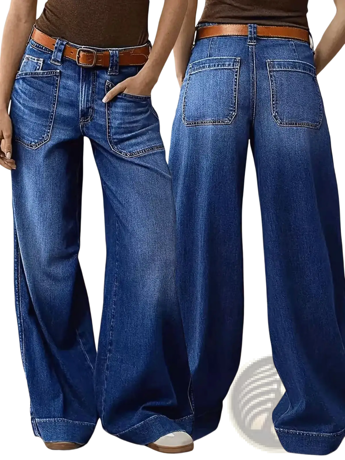 Wide leg denim pants in blue with a brown leather belt showcasing a stylish casual look