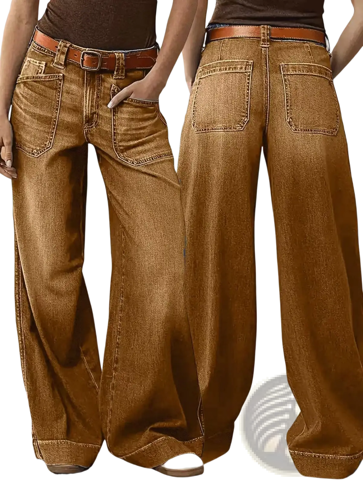 Wide leg brown denim pants with classic five-pocket design and matching brown leather belt
