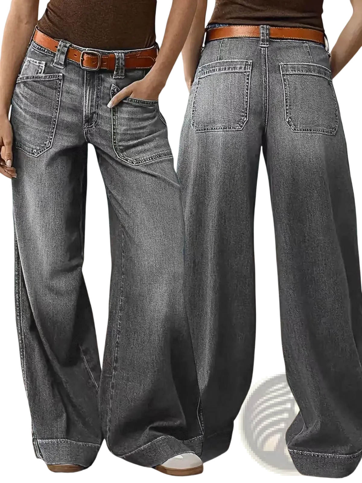 Wide leg denim pants with belt in faded gray wash featuring classic five-pocket design and brown leather belt loops