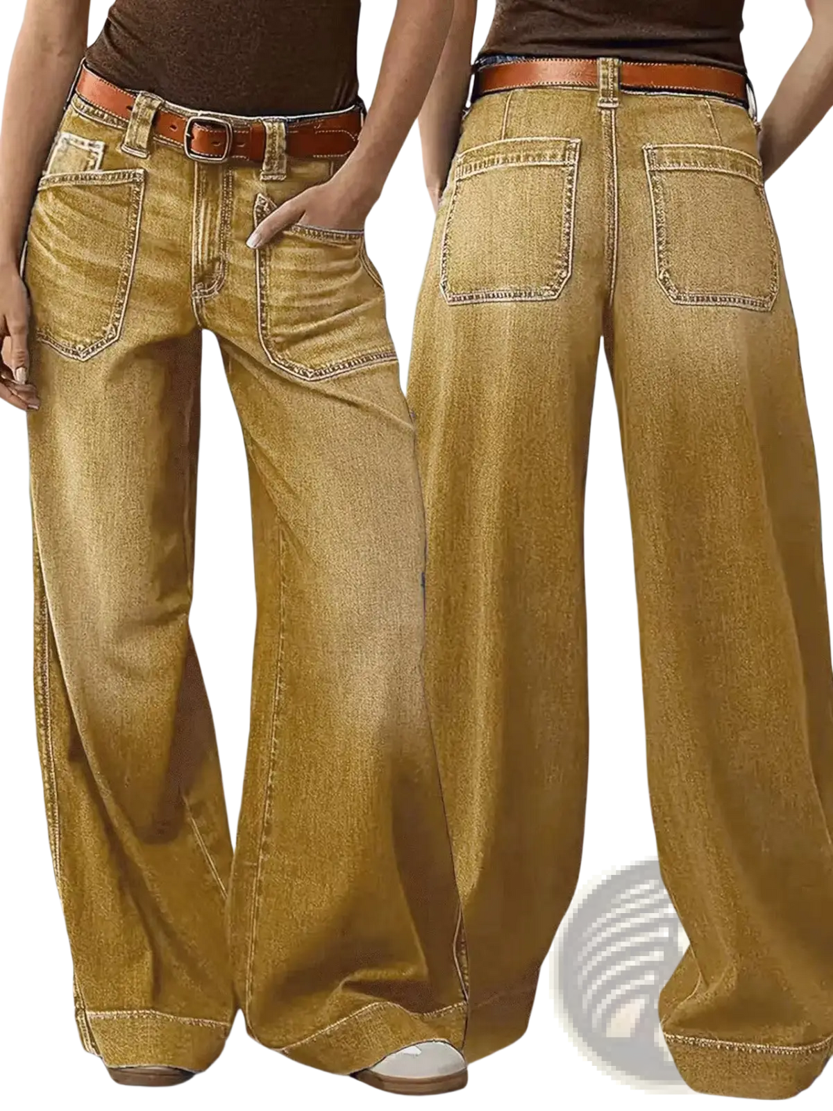 Golden wide leg denim pants with stitched pockets and brown leather belt showing the back side of the product