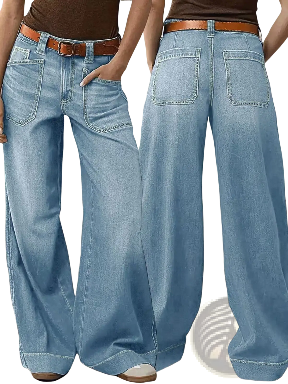 Wide leg denim pants in light-wash denim with a classic five-pocket design and brown leather belt