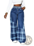 Wide-leg denim pants with drawstring waist featuring blue denim and plaid patchwork in a high-waisted retro style