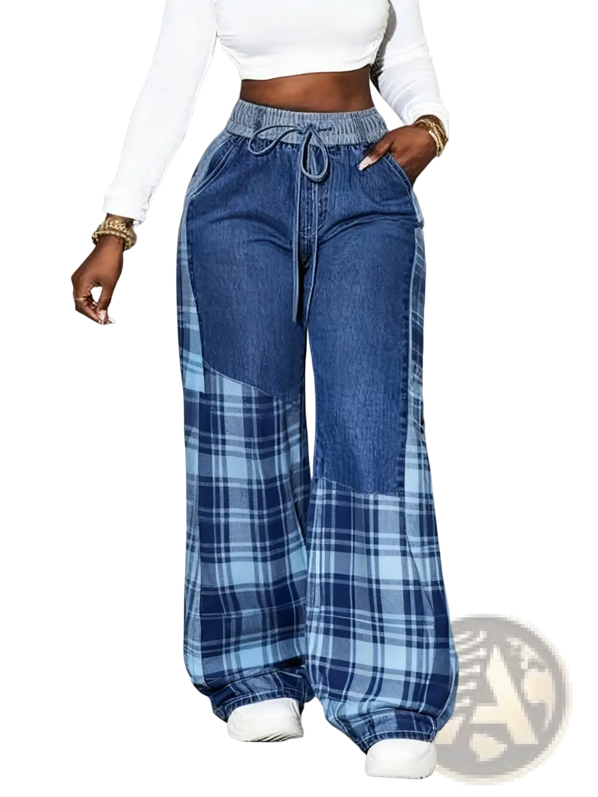 Wide-leg denim pants with drawstring waist featuring blue denim and plaid patchwork in a high-waisted retro style