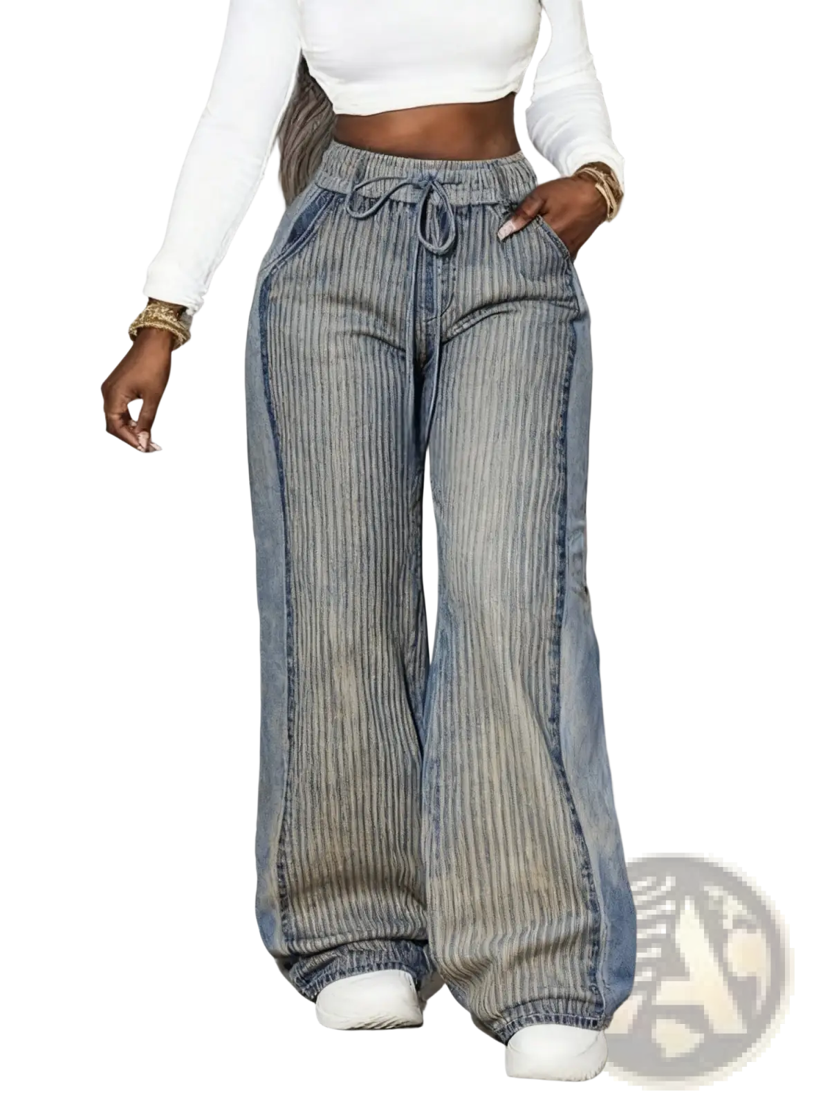 Wide-leg denim pants with a high-waisted drawstring and striped faded blue and gray pattern in retro style