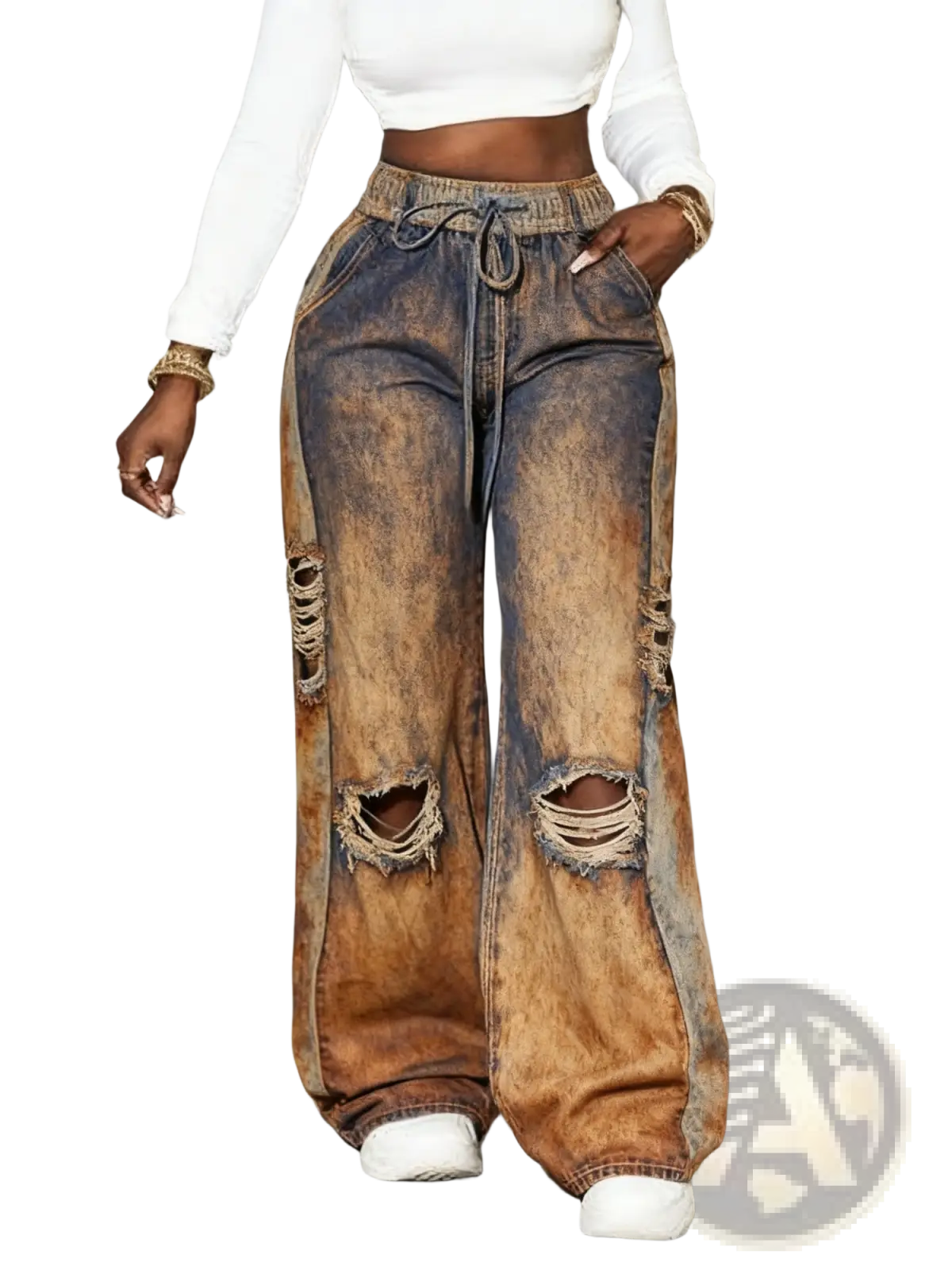 Wide-leg denim pants with elastic drawstring waist, distressed ripped knees, faded brown and blue wash, high-waisted retro style