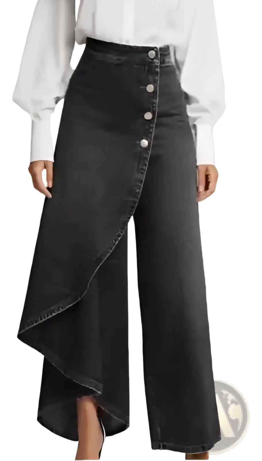 Black high-waisted denim skirt with button-front design and asymmetrical hem for stylish casual wear