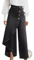 Black high-waisted denim skirt with button-front design and asymmetrical hem for stylish casual wear