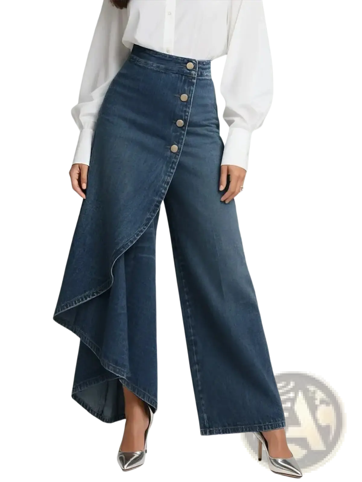 High-waisted denim skirt with front button closure and asymmetrical ruffled hemline in blue denim fabric