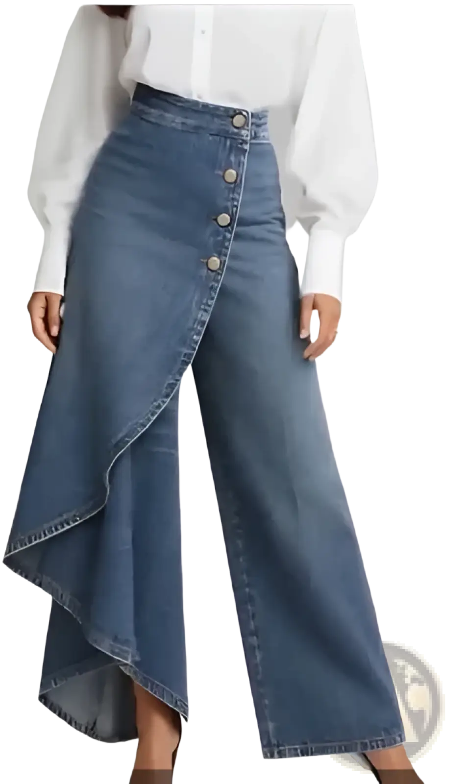 Wide leg denim pants in medium blue wash with high waist front button closure and asymmetrical ruffle hem