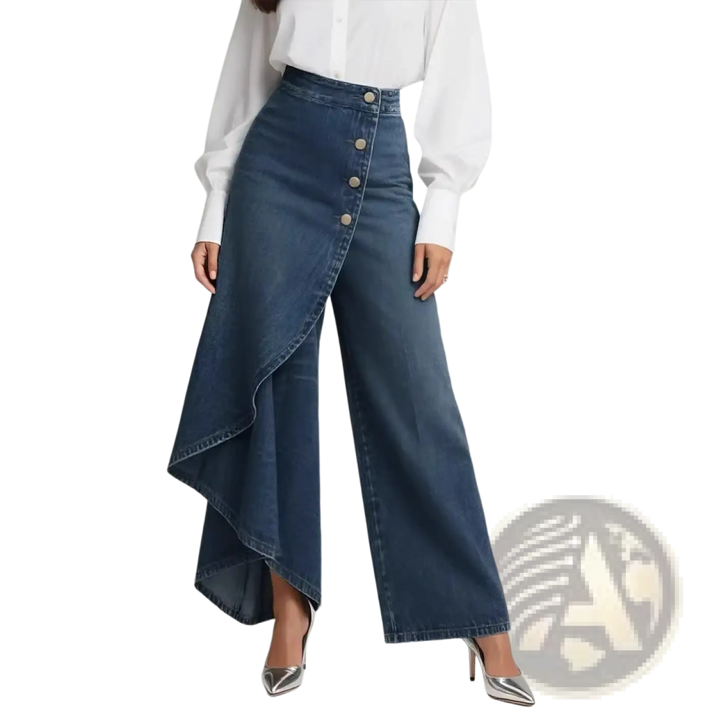 Wide leg denim pants featuring high waist, side button closure, and ruffled asymmetrical hemline in classic blue
