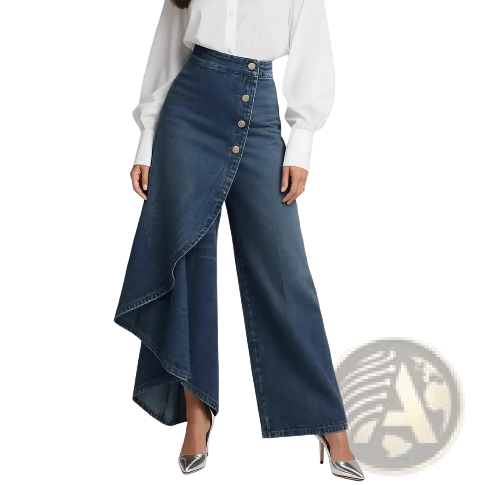 Wide leg denim pants featuring high waist, side button closure, and ruffled asymmetrical hemline in classic blue