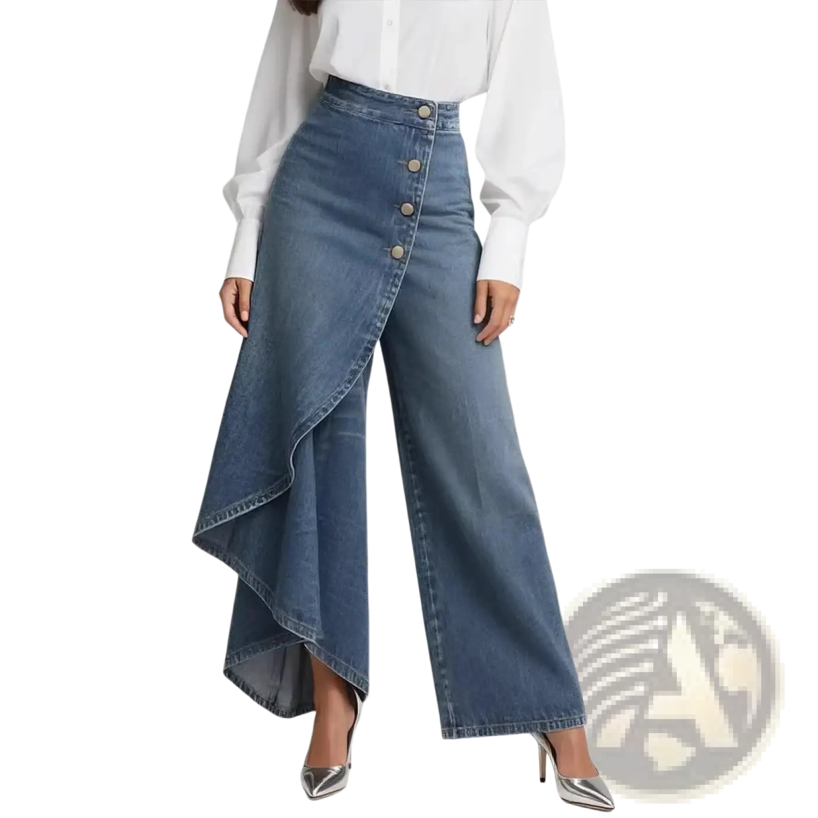 Blue denim high-waisted wide-leg pants with side button closure and ruffled asymmetrical hem detail