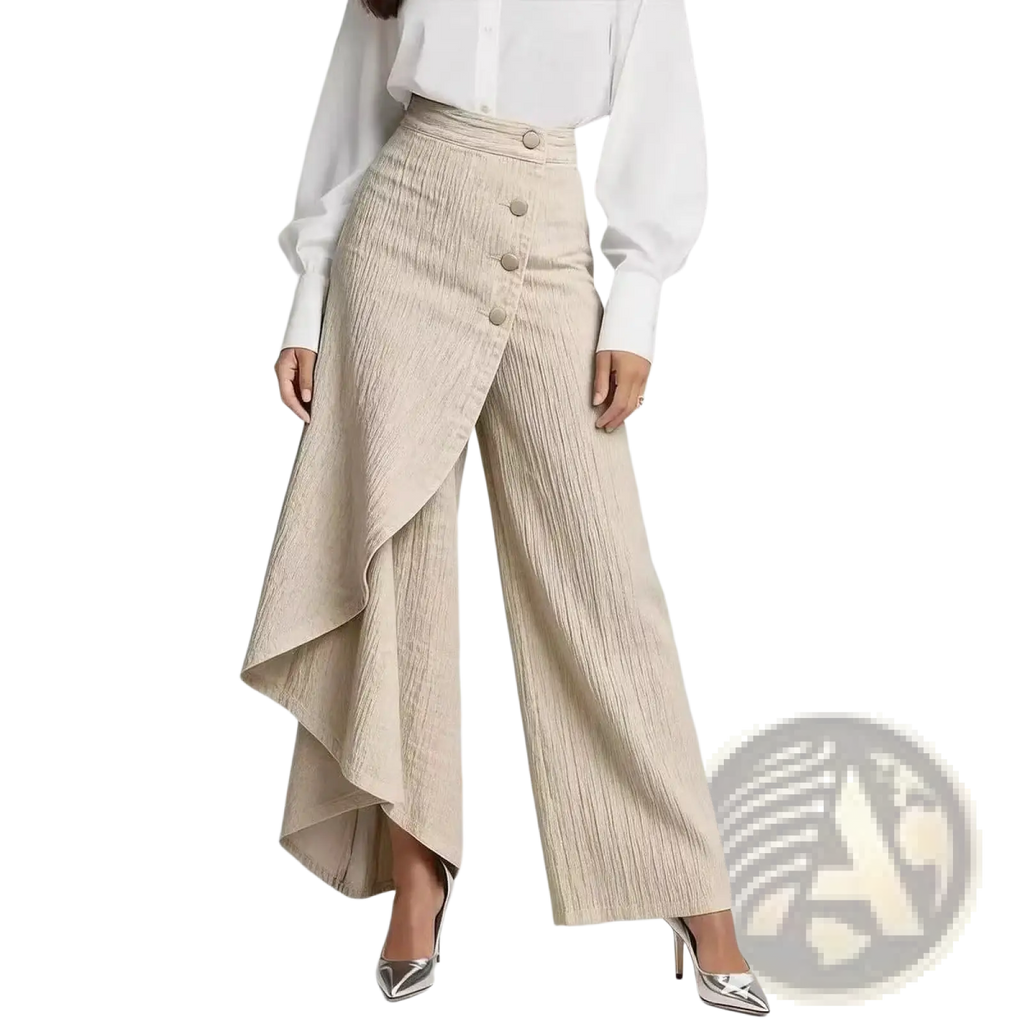 Beige wide-leg denim trousers with high waist and ruffled asymmetrical hemline in pleated design