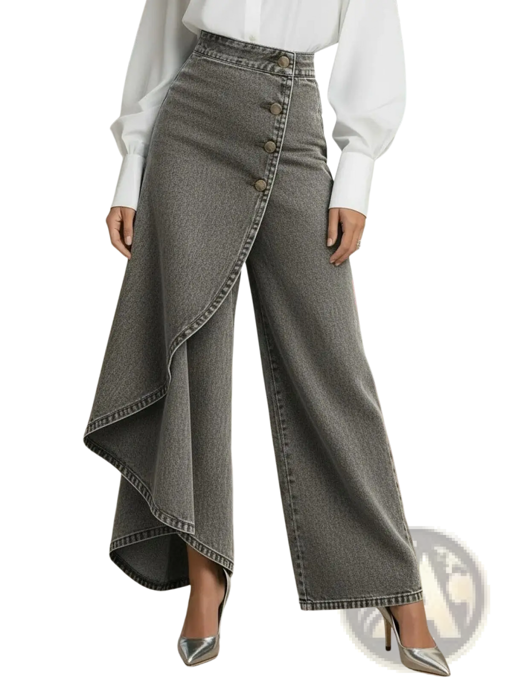 High-waisted gray denim wide-leg pants with side slit and button closure ruffled asymmetrical trousers