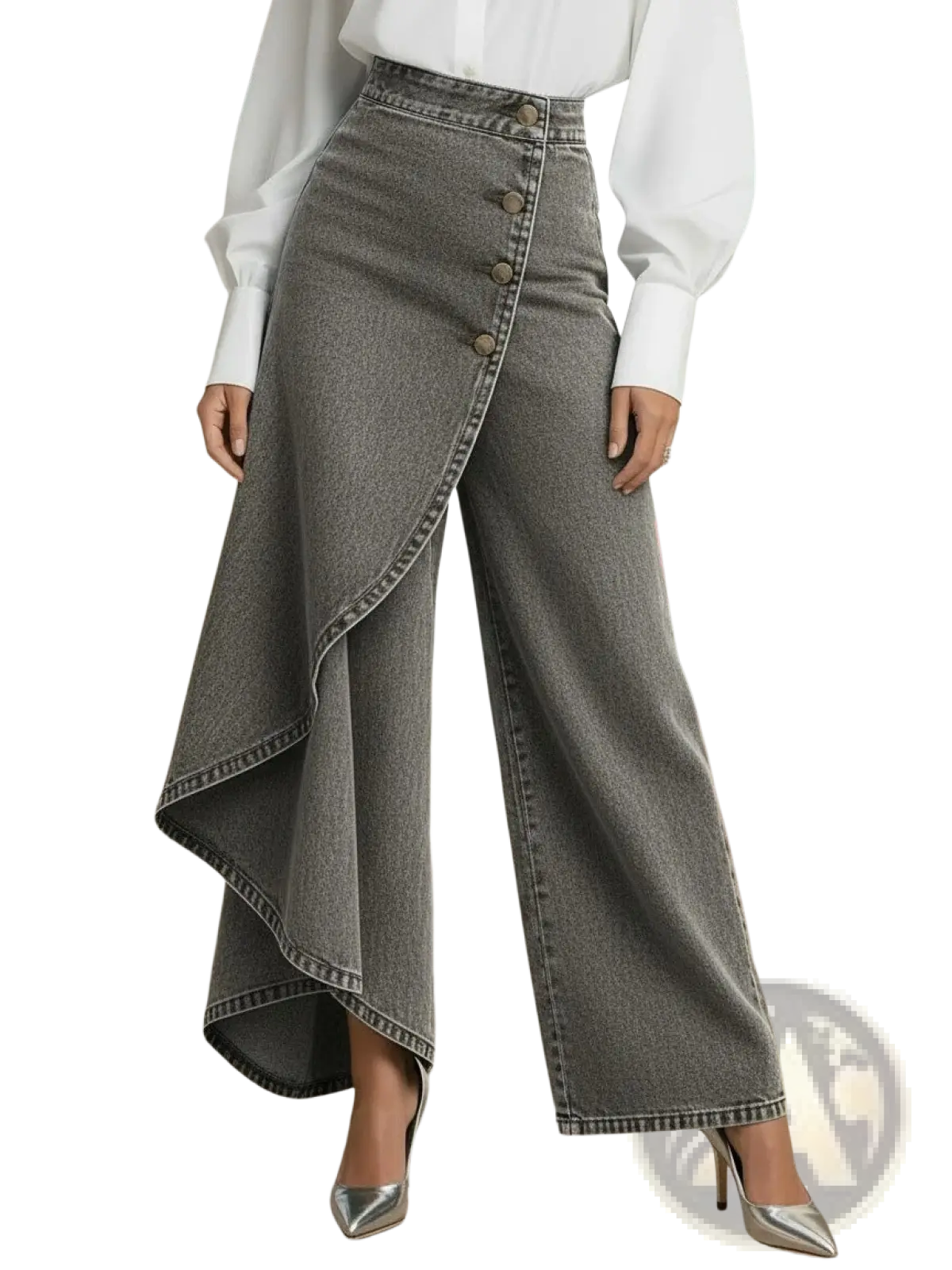 High-waisted gray denim wide-leg pants with side slit and button closure ruffled asymmetrical trousers