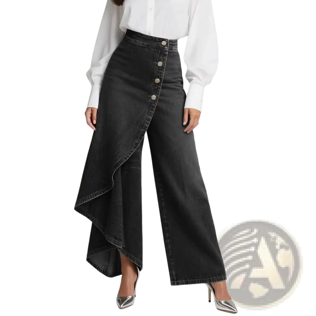Black high-waisted wide-leg denim pants with front button closure and asymmetrical ruffle hem