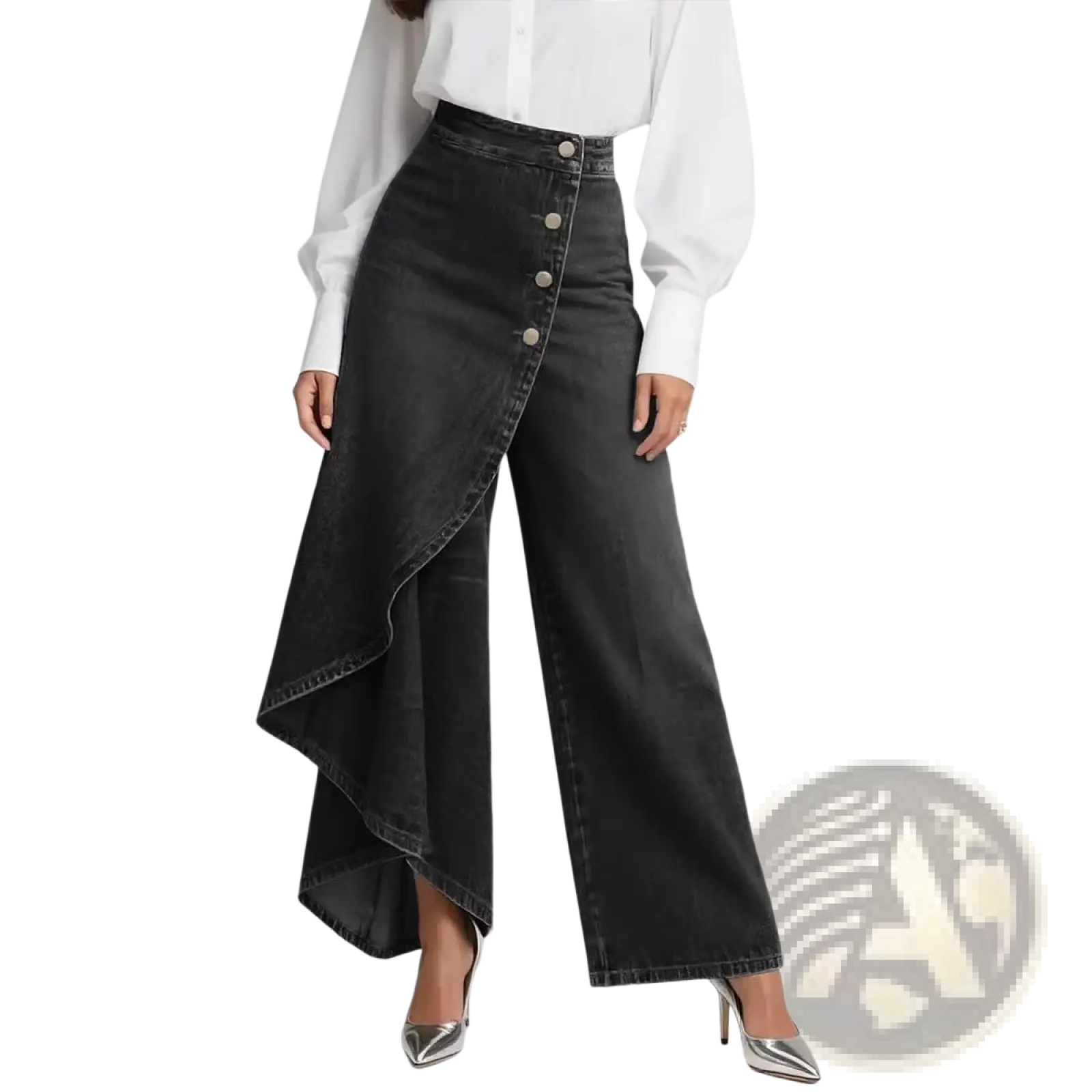 Black high-waisted wide-leg denim pants with front button closure and asymmetrical ruffle hem