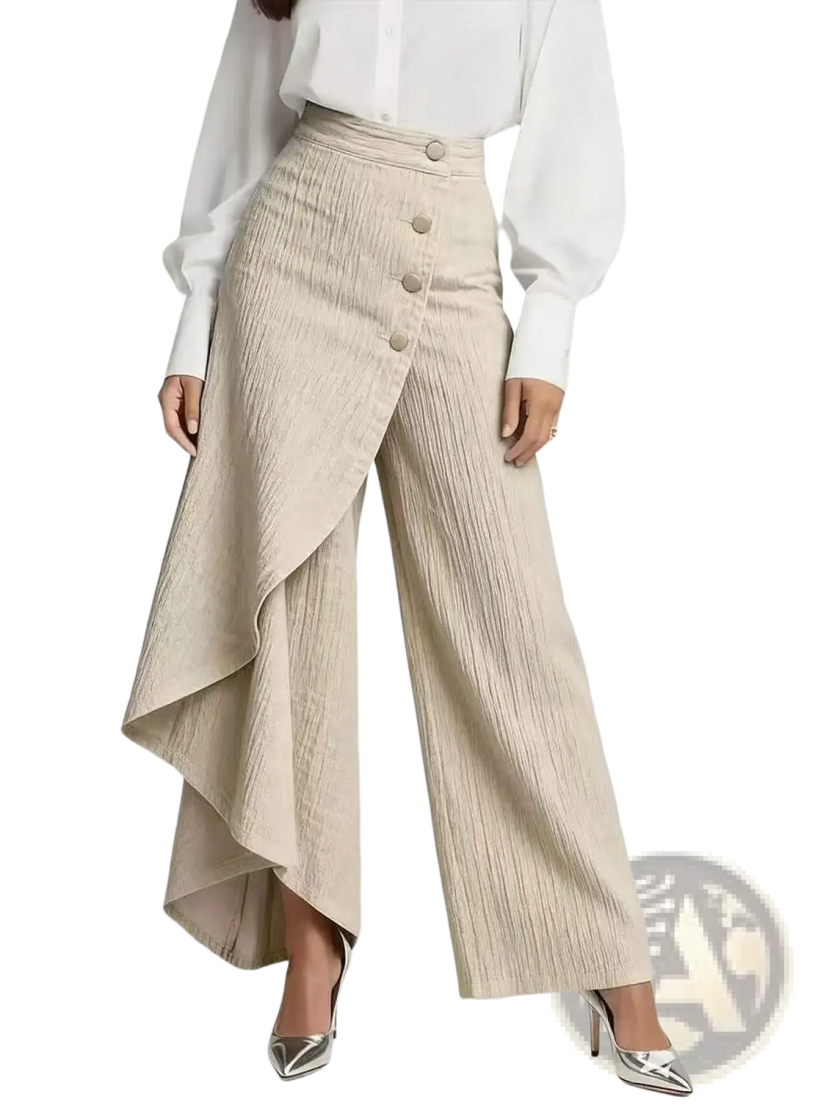 Beige wide-leg denim pants with pleats and ruffled asymmetrical hemline featuring front button closures