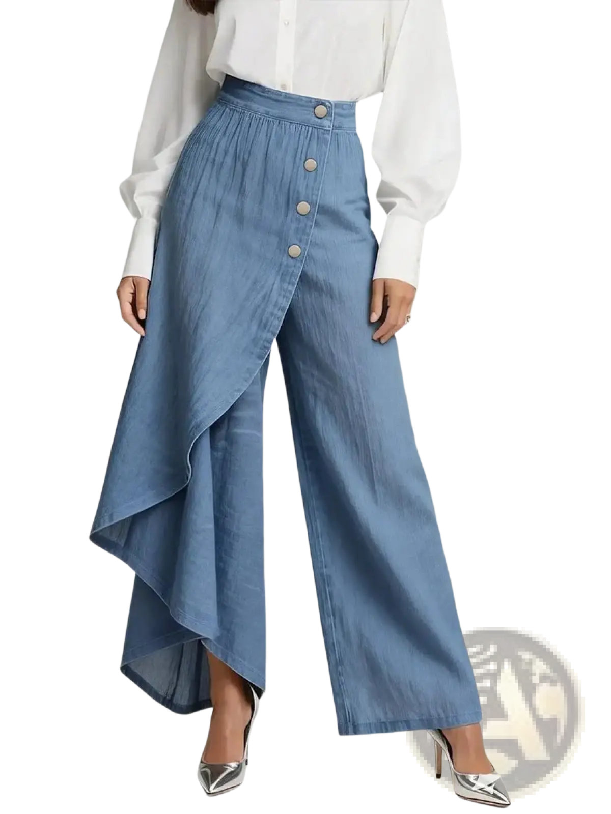 Light blue denim wide leg pants with high waist side slit and button closure ruffled asymmetrical trousers