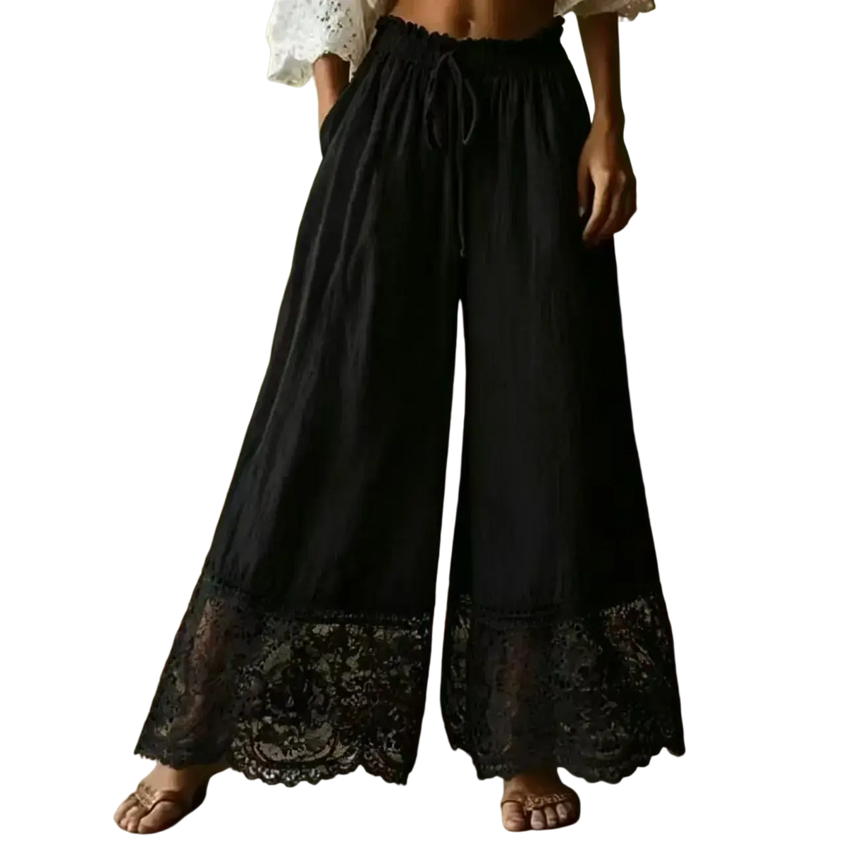 Black wide leg linen pants with elastic waist and lace trim at the hem for a stylish comfortable fit